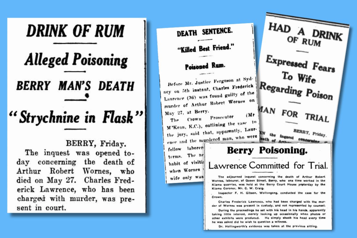 Four newspaper reports of the Murder of Arthur Wornes. Articles are clipped from Trove and placed on a light blue background