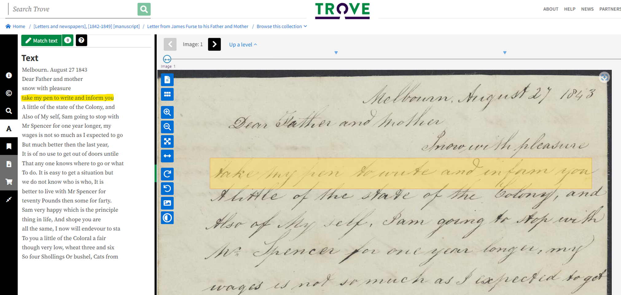 Screen-capture of Trove website. A handwritten letter can be seen on the right side of the screen and on the left is a computerised transcript of the letter's text
