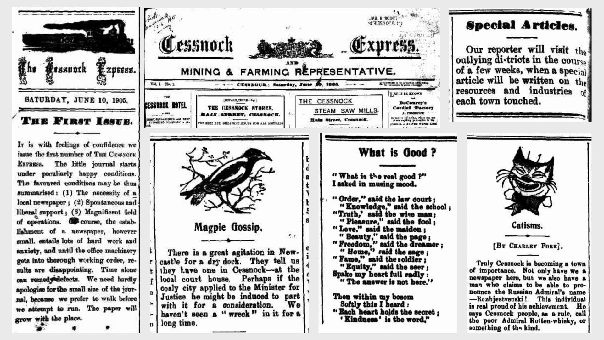 Six newspaper clippings from the Cessnock Express showing the newspaper masthead and quirky articles from the first issue. 