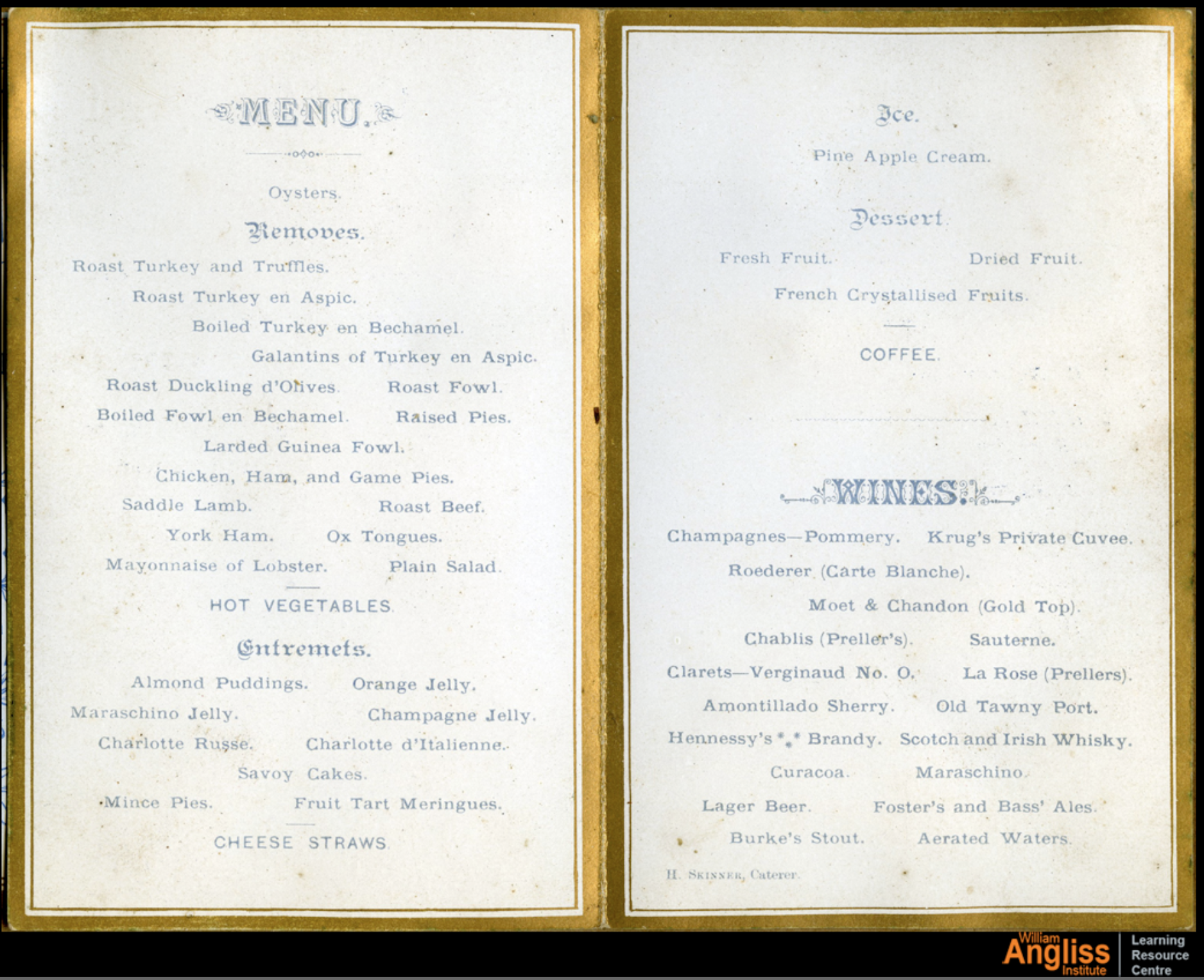 Banquet menu Given By A. Aitken, Esq., President of The Fitzroy Bowling Green, In Honor of The Visit Of The Malmsbury Bowlers, 1887