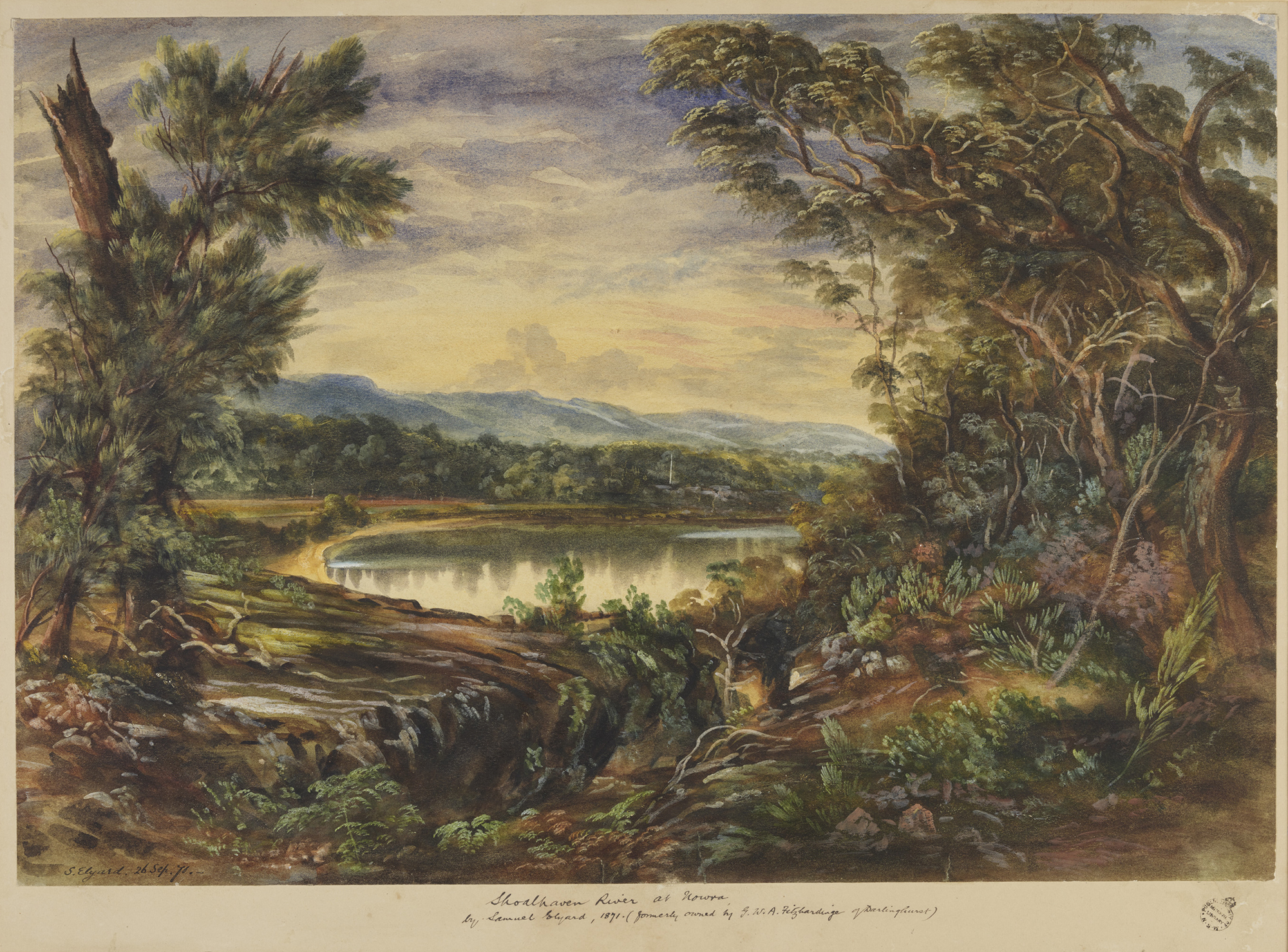 Painting of the Shoalhaven River. The scene appears at sunrise or sunset with the sky in yellow and purple. Dark trees frame the edges of the frame and are reflected in the still water of the river. 