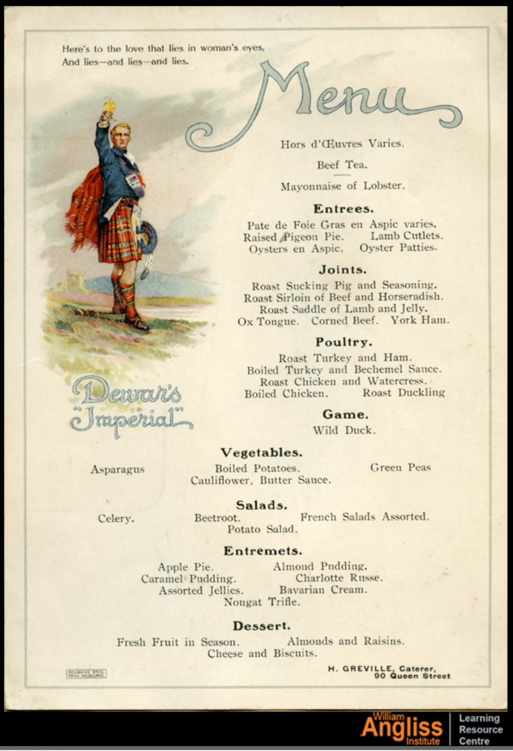 Menu from H. Greville Caterer 1920's : [menu].