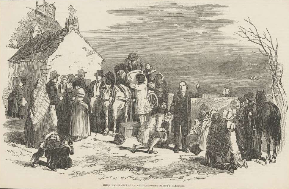 Etching of families gathered around a horse and cart. In the middle of the scene a priest stands with one of his arms raised. Children play with a dog in the foreground, while adults move about with their belongings.