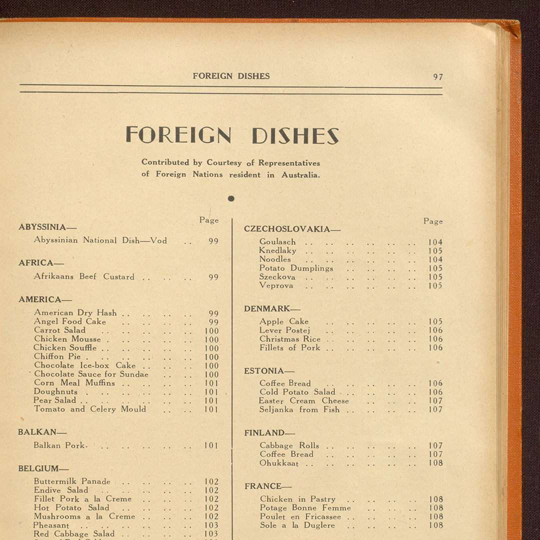Top corner of an over book showing a contents page with the heading 'foreign dishes'