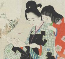 Japanese woodblock print of mother and child reading a letter
