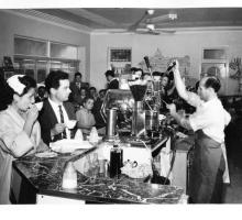 The expresso bar inside the Golden Valley Cafe, Myrtleford, 1955