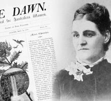 First page of the first edition of The Dawn and portrait of Louisa Lawson