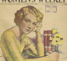 Front cover, 'The Australian Women's Weekly', 6 April 1935, depicting a woman in a yellow dress sitting at a desk with books holding a yellow bunch of flowers