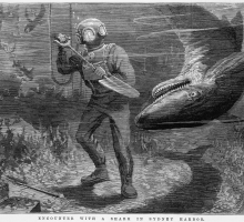 A black and white lithograph of an underwater view of a man in diving suit fighting off a shark