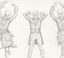 Costume design sketches of 3 male dancers in ghost costumes