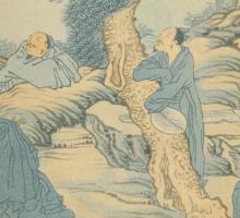 Illustration of four Chinese men gathered around the base of a tree